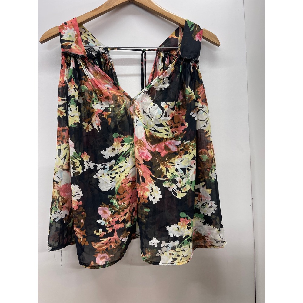 Forever 21 Contemporary Floral V-Neck Tie‎ Back Sleeveless Blouse Black Medium